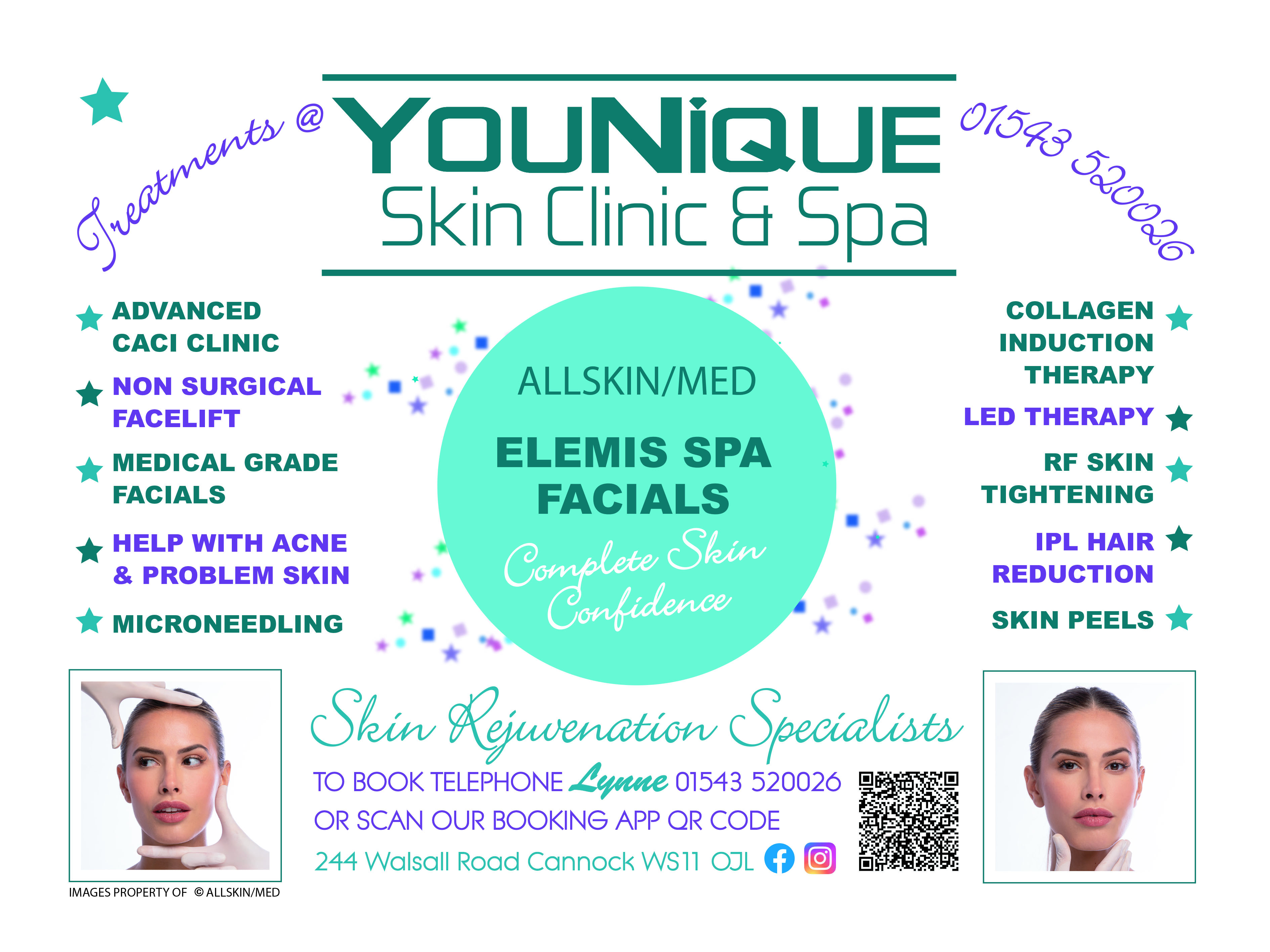 younique skin clinic and spa list of treatments in banner form