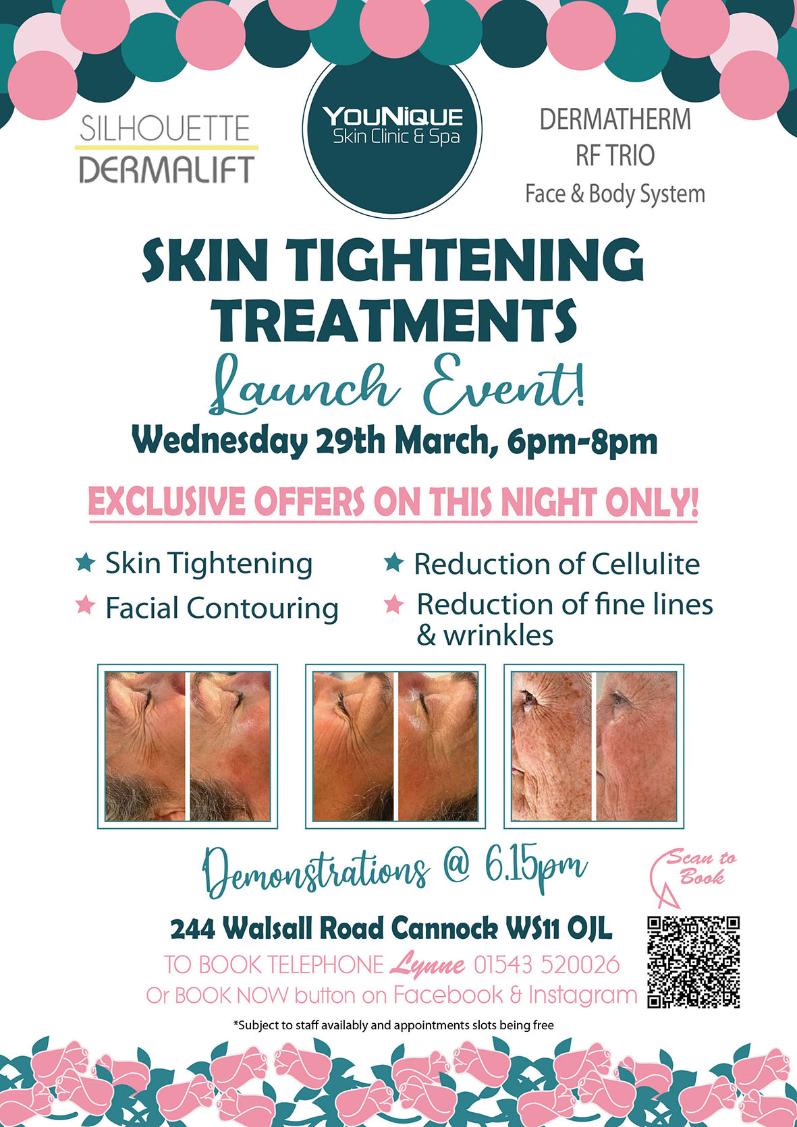 younique skin clinic and spa poster for skin tightening treatments showing before and after faces rose themed 