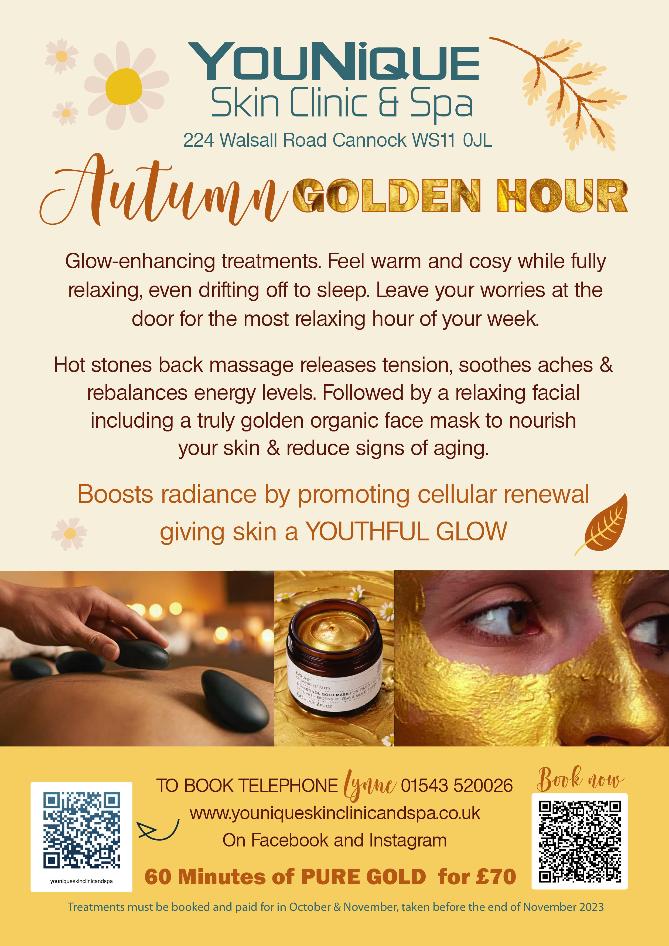 autum golden hour poster showing treatments for massage and facial using pot of gold mask