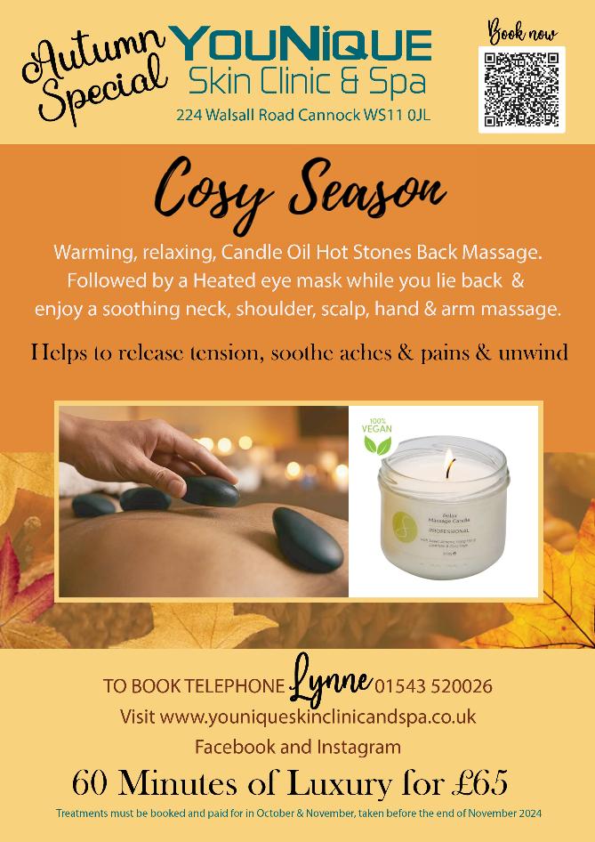 autum golden hour poster showing treatments for massage and facial using pot of gold mask